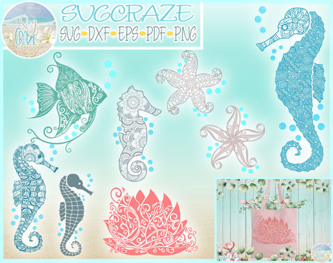 Sea Life Mandala Zentangle Bundle SVG | Seahorse Angelfish Lotus Starfish SVG Harbor Grace Designs 