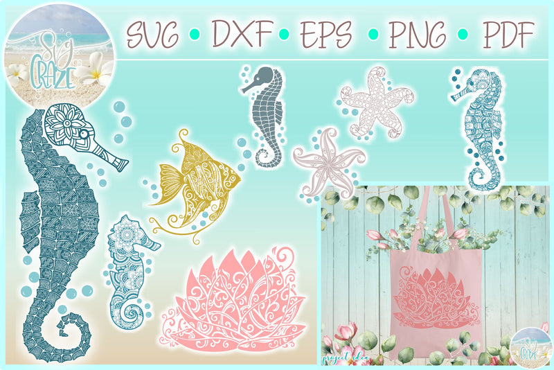Sea Life Mandala Zentangle Bundle SVG | Seahorse Angelfish Lotus Starfish SVG Harbor Grace Designs 