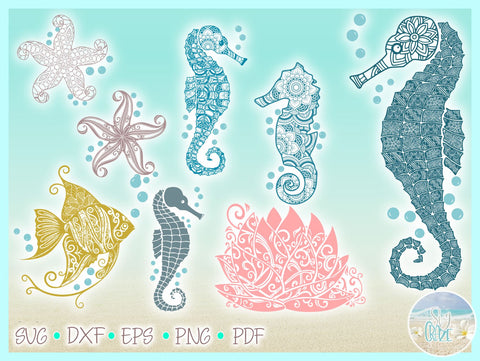 Sea Life Mandala Zentangle Bundle SVG | Seahorse Angelfish Lotus Starfish SVG Harbor Grace Designs 