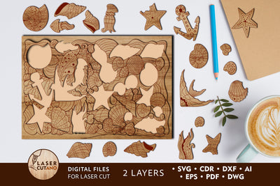 SEA PUZZLE Paint Cut Template for Kids, Educational Tools, Multilayer Laser Cut Files SVG LaserCutano 