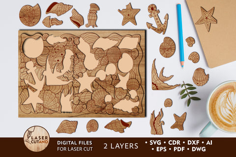 SEA PUZZLE Paint Cut Template for Kids, Educational Tools, Multilayer Laser Cut Files SVG LaserCutano 