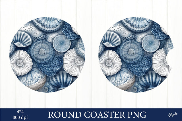 Sea Shell Round Coaster PNG. Blue and White Coaster Sublimation Olga Terlyanskaya 