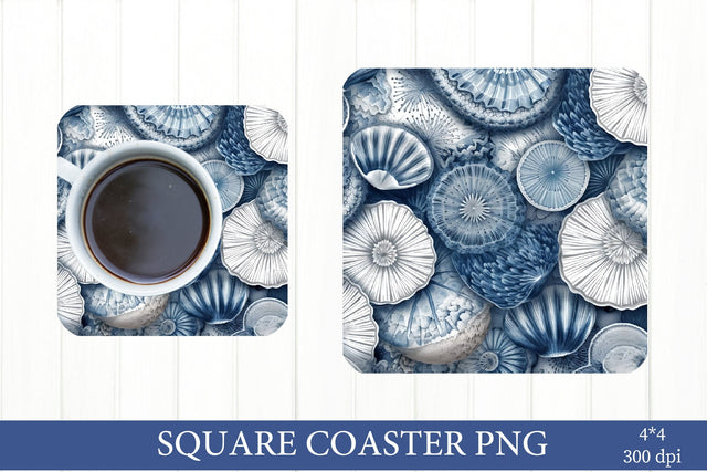 Sea Shell Square Coaster Sublimation. Blue and White Coaster Sublimation Olga Terlyanskaya 