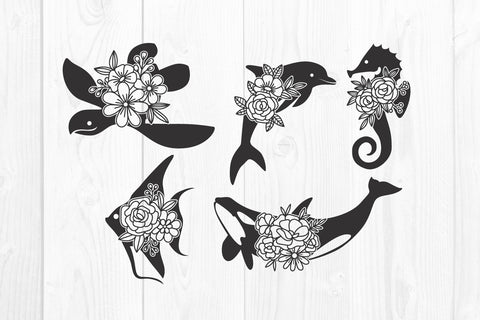 Sea Turtle Dolphin Angel Fish Seahorse whale Floral Mandala SVG dadan_pm 