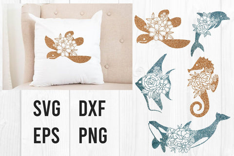 Sea Turtle Dolphin Angel Fish Seahorse whale Floral Mandala SVG dadan_pm 