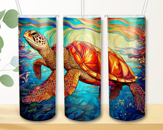 Sea Turtle Swimming With A Bright And Colorful Stained Glass 20oz Skinny Tumbler Png, Rainbow Water Png, Cute Sea Turtle Png, Ocean Tumbler Png, Sea Turtle Tumbler Sublimation sassyprint 
