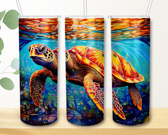 Sea Turtle Swimming With A Bright And Colorful Stained Glass 20oz Skinny Tumbler Png, Rainbow Water Png, Cute Sea Turtle Png, Ocean Tumbler Png, Sea Turtle Tumbler Sublimation sassyprint 