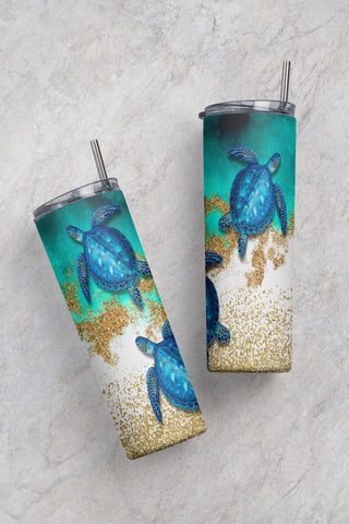 Sea Turtles Sublimation Tumbler Designs, Glitter Ocean 20oz Skinny Tumbler Wrap Template - PNG Digital Download Sublimation CaldwellArt 