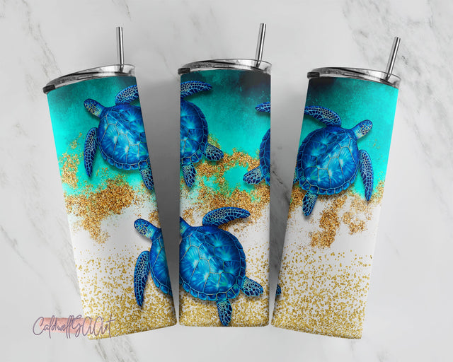 Sea Turtles Sublimation Tumbler Designs, Glitter Ocean 20oz Skinny Tumbler Wrap Template - PNG Digital Download Sublimation CaldwellArt 
