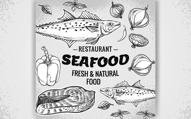 Seafood fish, onion isolated graphic black ink on a white background a set SVG naemmiah021 