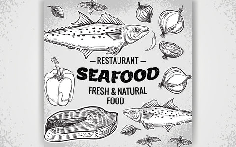 Seafood fish, onion isolated graphic black ink on a white background a set SVG naemmiah021 