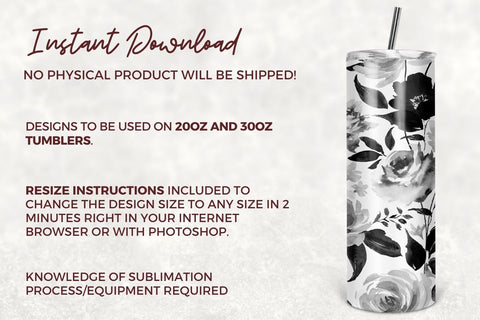 Seamless 20 Oz Skinny Tumbler Black and White Floral Wrap for 20 oz & 30 oz Tumbler Design - PNG Sublimation TumblersByPhill 
