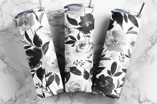 Seamless 20 Oz Skinny Tumbler Black and White Floral Wrap for 20 oz & 30 oz Tumbler Design - PNG Sublimation TumblersByPhill 