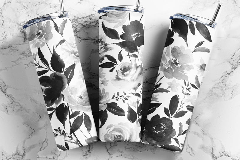 Seamless 20 Oz Skinny Tumbler Black and White Floral Wrap for 20 oz & 30 oz Tumbler Design - PNG Sublimation TumblersByPhill 