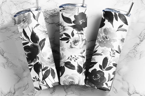 Seamless 20 Oz Skinny Tumbler Black and White Floral Wrap for 20 oz & 30 oz Tumbler Design - PNG Sublimation TumblersByPhill 