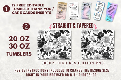 Seamless 20 Oz Skinny Tumbler Black and White Floral Wrap for 20 oz & 30 oz Tumbler Design - PNG Sublimation TumblersByPhill 