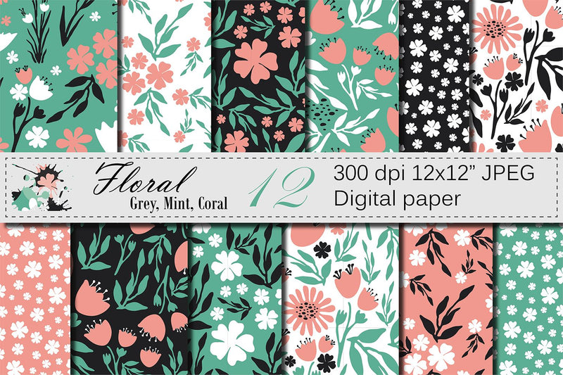 Seamless Floral Hand Drawn Patterns - Gray Mint Coral Digital Pattern VR Digital Design 