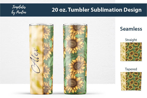 Seamless Gold Sunflower Skinny Tumbler Wrap, Add Your Text Sublimation Templates by Pauline 