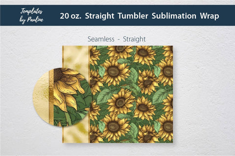 Seamless Gold Sunflower Skinny Tumbler Wrap, Add Your Text Sublimation Templates by Pauline 