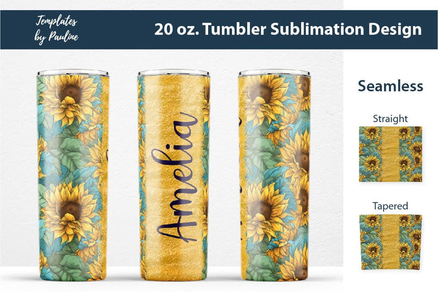 Seamless Gold Sunflower Sublimation Tumbler Wrap, Add Your Text Sublimation Templates by Pauline 