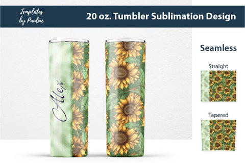 Seamless Green Sunflower Skinny Tumbler Wrap, Add Your Text Sublimation Templates by Pauline 