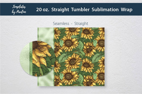 Seamless Green Sunflower Skinny Tumbler Wrap, Add Your Text Sublimation Templates by Pauline 