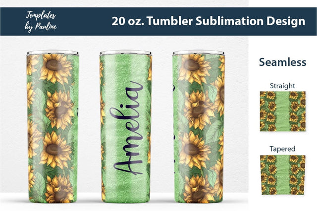 Seamless Green Sunflower Sublimation Tumbler Wrap, Add Your Text Sublimation Templates by Pauline 