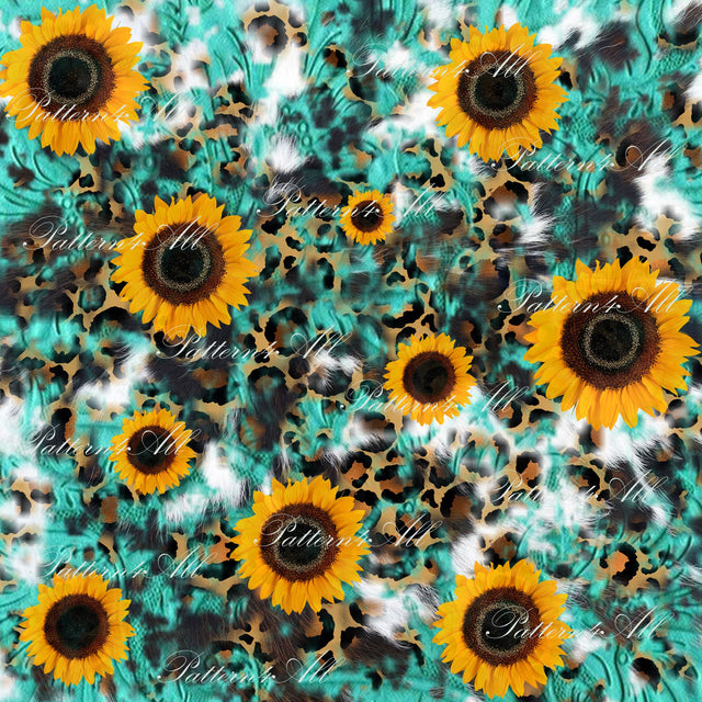 Seamless Pattern Sunflower and Turquoise tooled leather Background Png,Leopard,Cowhide Sublimation,Sunflower Png,Cowhide Background Png, Digital Pattern ArtStudio 