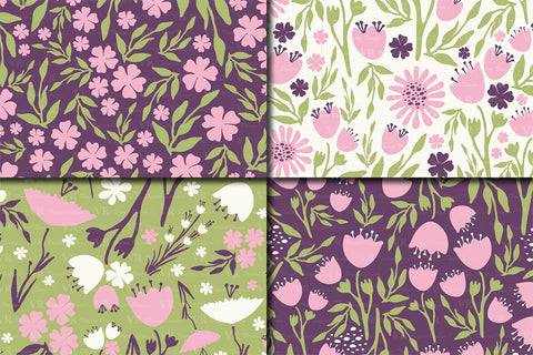 Seamless Spring Floral Patterns - Pink, Purple, Green Digital Pattern VR Digital Design 