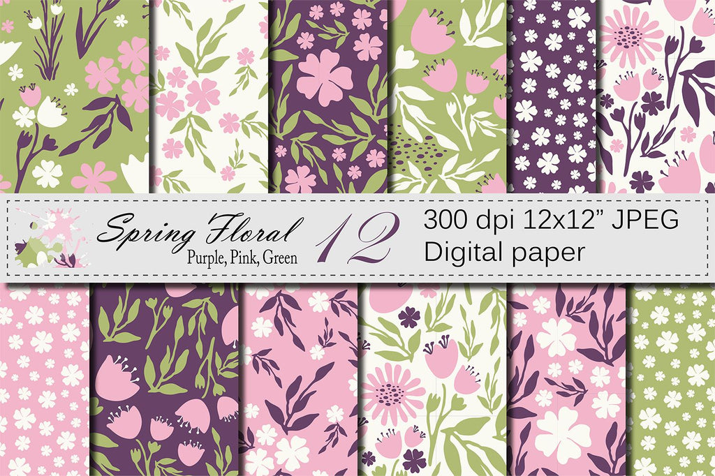 Spring Pattern Purple Seamless Spring Floral Patterns - Pink, Purple, Green - So Fontsy