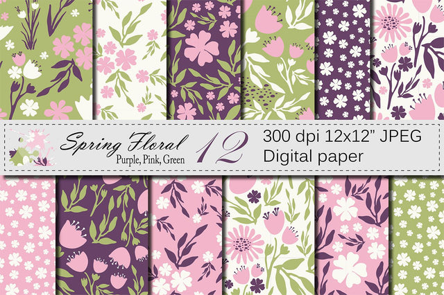 Seamless Spring Floral Patterns - Pink, Purple, Green Digital Pattern VR Digital Design 