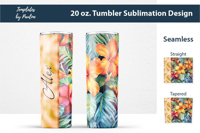 Seamless Tropical Flower Skinny Tumbler Wrap, Add Your Text 1 Sublimation Templates by Pauline 