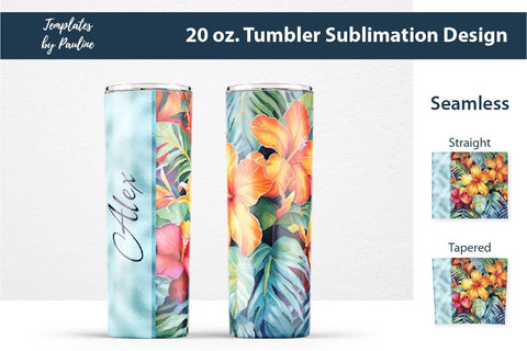 Seamless Tropical Flower Skinny Tumbler Wrap, Add Your Text 2 Sublimation Templates by Pauline 