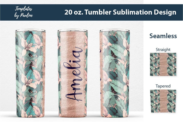 Seamless Tropical Flowers and Leaves Sublimation Tumbler Wrap, Add Your Text Sublimation Templates by Pauline 