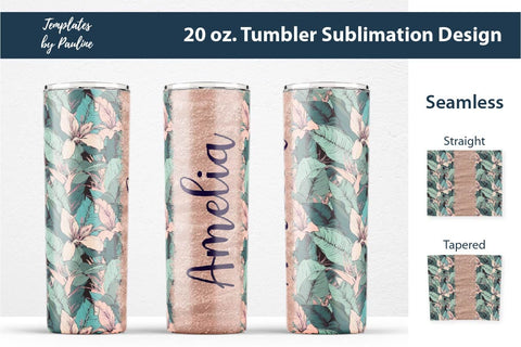 Seamless Tropical Flowers and Leaves Sublimation Tumbler Wrap, Add Your Text Sublimation Templates by Pauline 