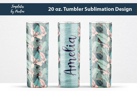 Seamless Tropical Flowers and Leaves Sublimation Tumbler Wrap, Add Your Text -Teal Sublimation Templates by Pauline 