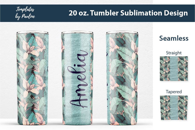Seamless Tropical Flowers and Leaves Sublimation Tumbler Wrap, Add Your Text -Teal Sublimation Templates by Pauline 