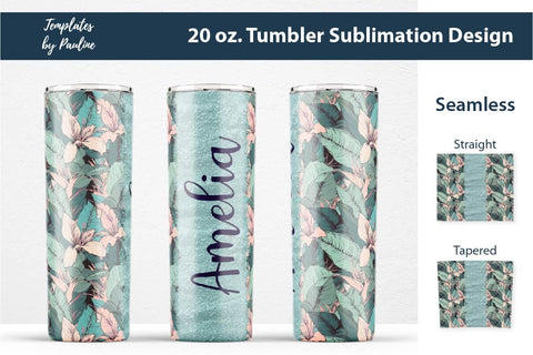 Seamless Tropical Flowers and Leaves Sublimation Tumbler Wrap, Add Your Text -Teal Sublimation Templates by Pauline 