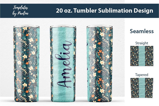 Seamless Turquoise Ditsy Floral Sublimation Tumbler Wrap, Add Your Text Sublimation Templates by Pauline 