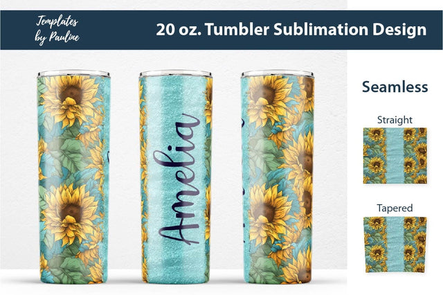 Seamless Turquoise Sunflower Sublimation Tumbler Wrap, Add Your Text Sublimation Templates by Pauline 