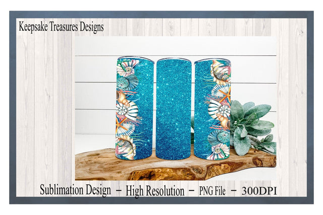 Seashell Blue Glitter 20oz Tumbler Wrap, Sublimation PNG, Digital Download, Straight Tumbler Template Sublimation Keepsake Treasures Designs LLC. 