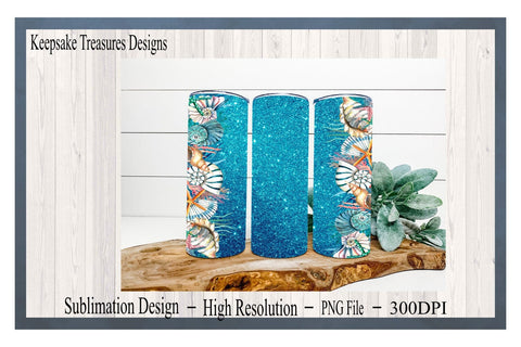 Seashell Blue Glitter 20oz Tumbler Wrap, Sublimation PNG, Digital Download, Straight Tumbler Template Sublimation Keepsake Treasures Designs LLC. 