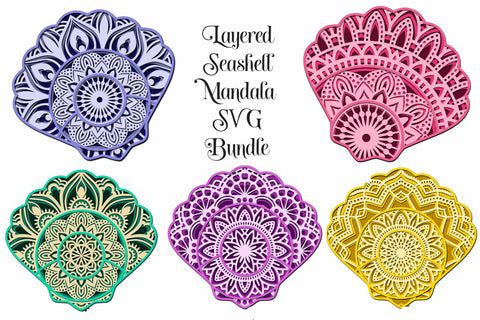 Seashell Mandala Bundle 3D Layered SVG files, 5 Different Designs SVG Digital Honeybee 