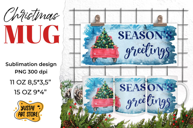 Season's greetings sublimation mug. Watercolor Red truck PNG Sublimation Yustaf Art Store 