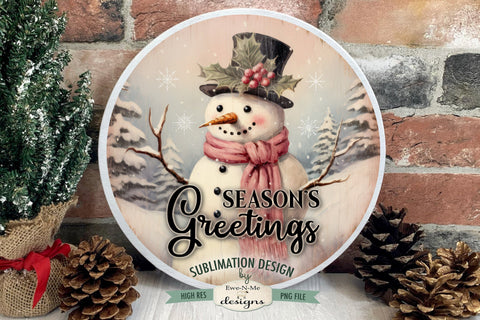 Seasons Greetings | Vintage Rustic Snowman Round Sublimation Design Sublimation Ewe-N-Me Designs 