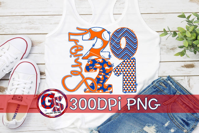 Senior 2021 Blue White Orange PNG for Sublimation Sublimation Greedy Stitches 