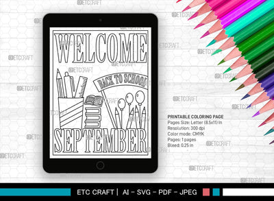 September Month Printable Coloring Page Cut File, PDF Colouring Book, Instant Download, CBP00019 SVG ETC Craft 