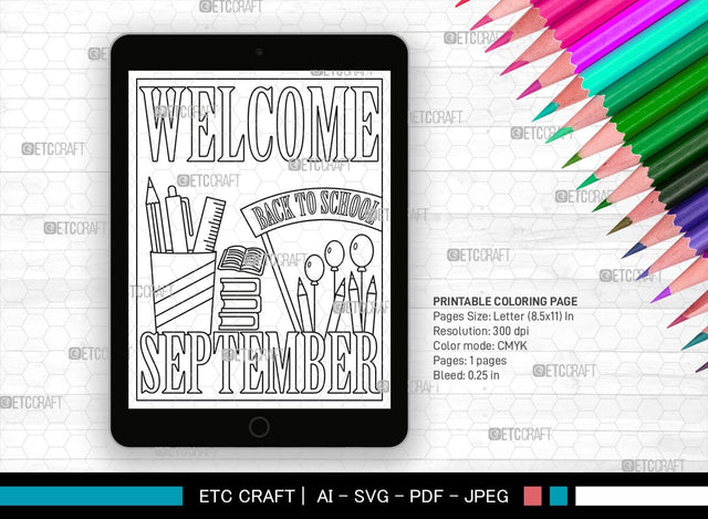 September Month Printable Coloring Page Cut File, PDF Colouring Book, Instant Download, CBP00019 SVG ETC Craft 