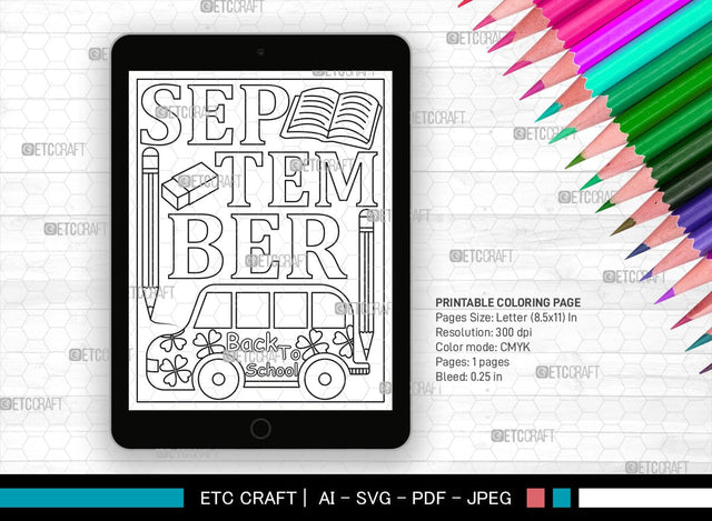 September Month Printable Coloring Page Cut File, PDF Colouring Book, Instant Download, CBP00019 SVG ETC Craft 