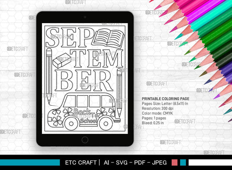 September Month Printable Coloring Page Cut File, PDF Colouring Book, Instant Download, CBP00019 SVG ETC Craft 
